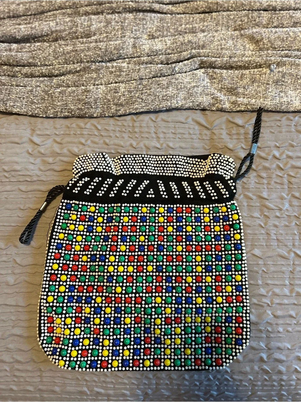 60’s/70’s Vintage Beaded Reversible Candy Dot Multi Color Purse Cinch Handbag - Picture 2 of 5